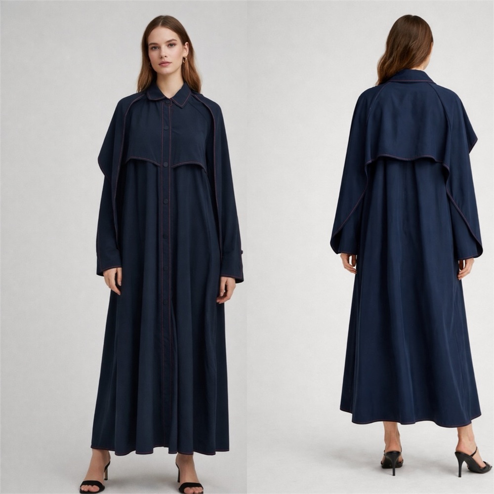 GANNI Navy Cape Duster Trench Coat Minimalist Button Front EU 40 US 8 10 EUC